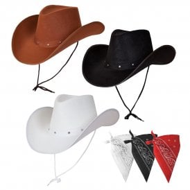 Pack of 3 Texan Cowboy Hats (Black, Brown, White) + Pack of 3 Bandanas (Black, White, Red)