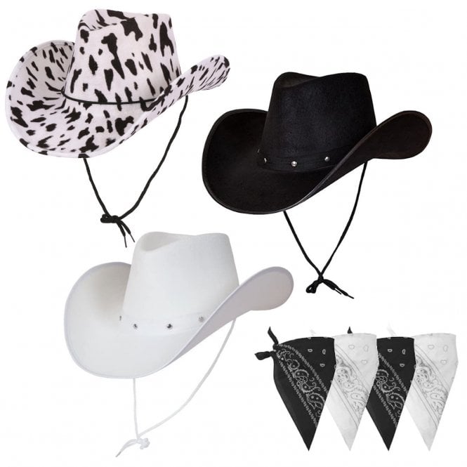 1 x BLACK + 1 x WHITE + 1 x COWPRINT Texan Cowboy Hats + 4 x Bandanas (2 x White; 2 x Black)