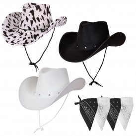 1 x BLACK + 1 x WHITE + 1 x COWPRINT Texan Cowboy Hats + 4 x Bandanas (2 x White; 2 x Black)
