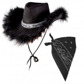 1 x BLACK Marabou Feather Texan Cowgirl Hat + 1 x BLACK Bandana