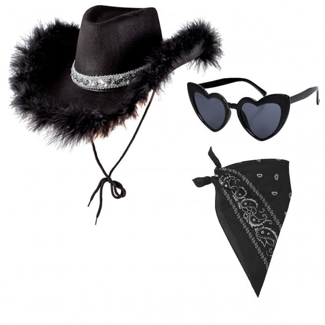 1 x BLACK Marabou Feather Texan Cowgirl Hat + BLACK Bandana +  BLACK Retro Heart Shaped Sunglasses