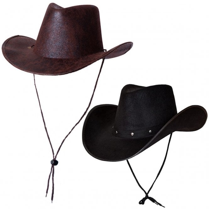 1 X BLACK Texan Cowboy Hat + 1 x BROWN AGED FAUX LEATHER Texan Cowboy Hat 