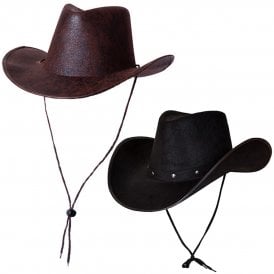 1 X BLACK Texan Cowboy Hat + 1 x BROWN AGED FAUX LEATHER Texan Cowboy Hat 
