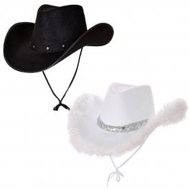 1 x Texan Cowboy Black Hat + 1 x White Maribou Feather & Sequin Cowgirl Hat