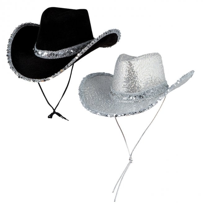 1 x BLACK Texan Cowgirl Hat With Sequins + 1 x SILVER Texan Cowgirl Hat With Sequins
