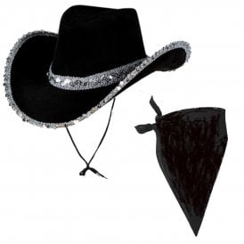 1 x BLACK with Sequins Texan Cowgirl Hat + BLACK Plain Bandana