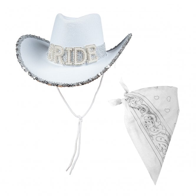 1 x BRIDE with Sequins Texan Cowgirl Hat + WHITE Bandana