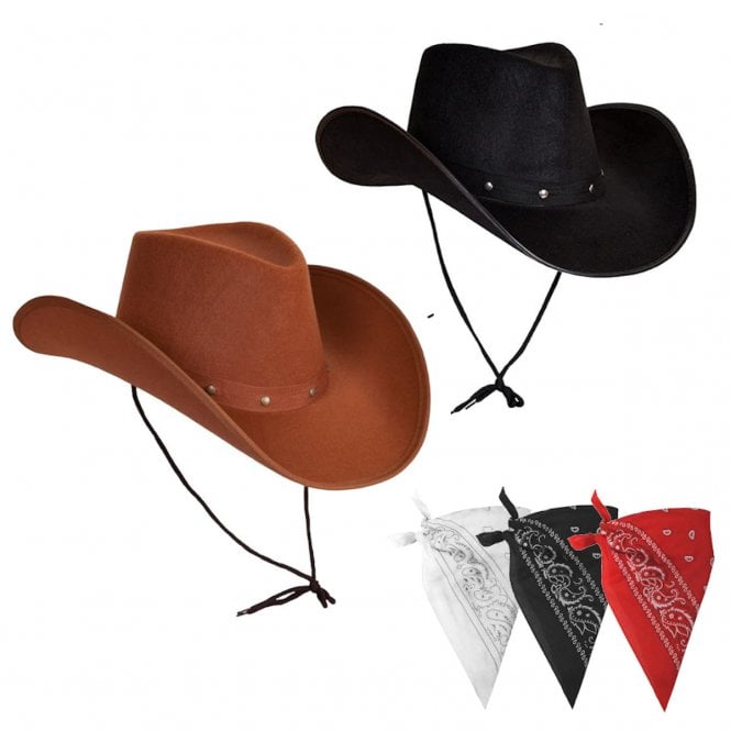 1 x BROWN Texan Cowboy Hat +  1 x  BLACK Texan Cowboy Hat + Pack of 3 Bandanas (WHITE/BLACK/RED)