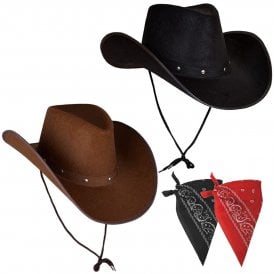 1 x DARK BROWN Texan Cowboy Hat + RED Bandana + 1 x BLACK Texan Cowboy Hat + BLACK Bandana