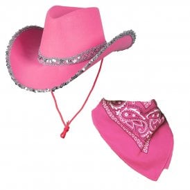 1 x HOT PINK SEQUIN Texan Cowgirl Hat + HOT PINK Bandana