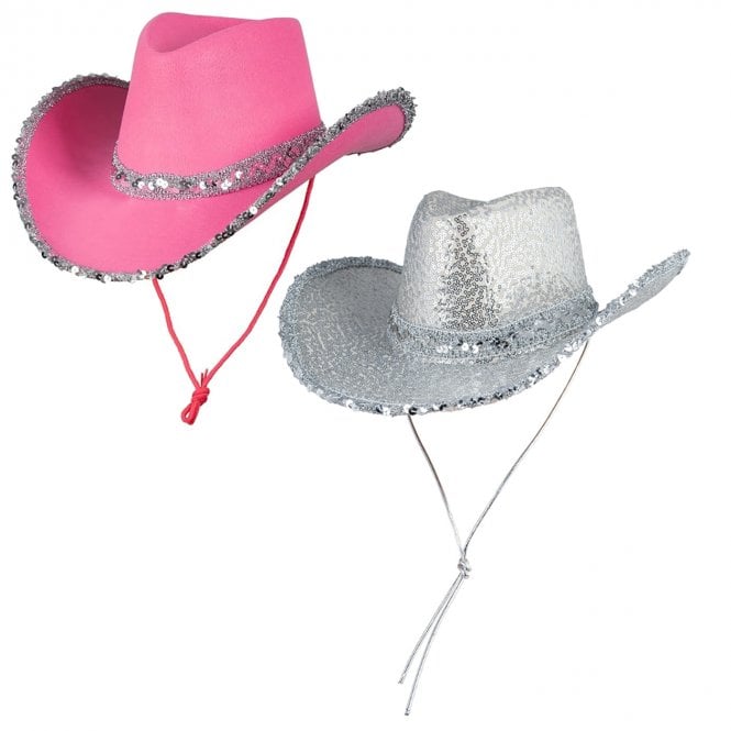 1 x HOT PINK Texan Cowgirl Hat With Sequins + 1 x SILVER Texan Cowgirl Hat With Sequins