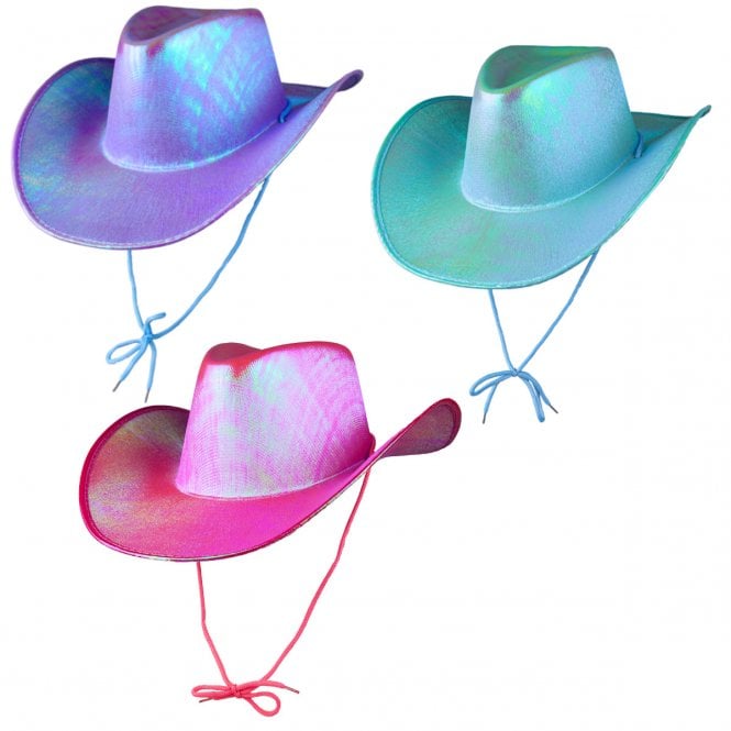 1 x LAVENDER + 1 AQUA + 1 HOT PINK IRIDESCENT Texan Cowgirl Hats