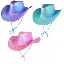 1 x LAVENDER + 1 AQUA + 1 PINK IRIDESCENT Texan Cowgirl Hats