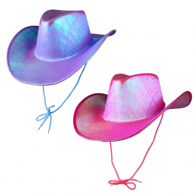 1 x LAVENDER Iridescent Texan Cowgirl Hat + 1 x HOT PINK Iridescent Texan Cowgirl Hat 