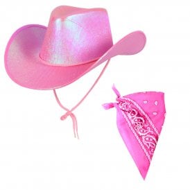 1 x NEW HOT PINK Iridescent Texan Cowgirl Hat + NEW HOT PINK Bandana