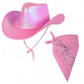 1 x PINK Iridescent Texan Cowgirl Hat + PINK Bandana