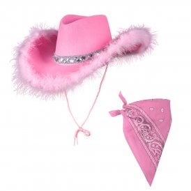 1 x PINK Marabou Feather Texan Cowgirl Hat + PINK Bandana
