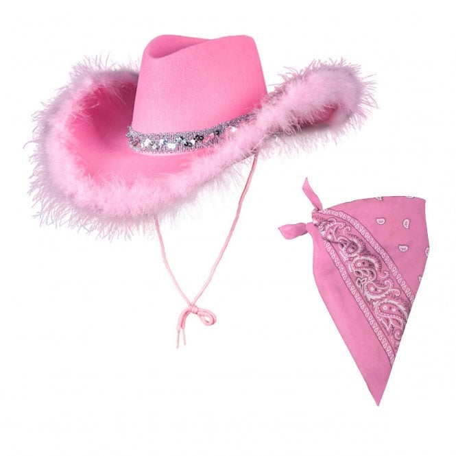 1 x PINK Marabou Feather Texan Cowgirl Hat + PINK Bandana