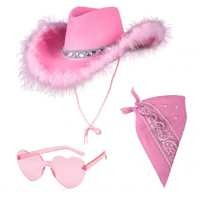1 x PINK Marabou Feather Texan Cowgirl Hat + BABY PINK Bandana + PINK Heart Shaped Sunglasses 