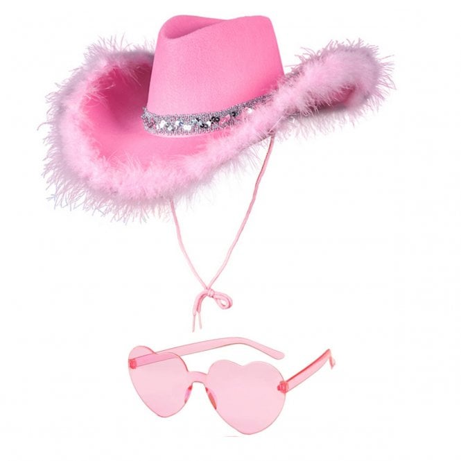 1 x PINK Marabou Feather Texan Cowgirl Hat + PINK Heart Shaped Sunglasses 