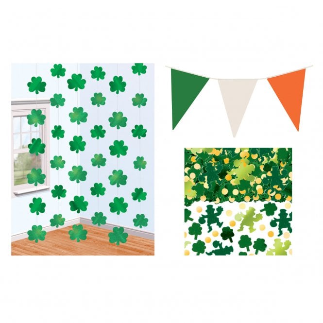 1 x Shamrock String Decoration + Pennant Bunting + Shamrock Confetti - Accessory Set