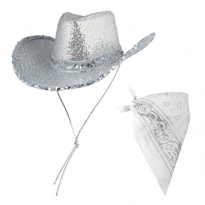 1 x SILVER with Sequins Texan Cowgirl Hat + WHITE Bandana