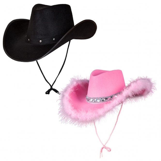 1 x BLACK Texan Cowboy Hat + 1 x PINK Marabou Feather Texan Cowgirl Hat