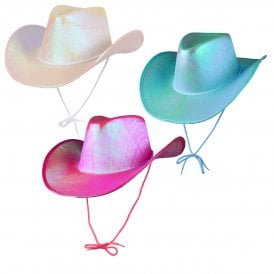 1 x WHITE + 1 AQUA + 1 HOT PINK IRIDESCENT Texan Cowgirl Hats