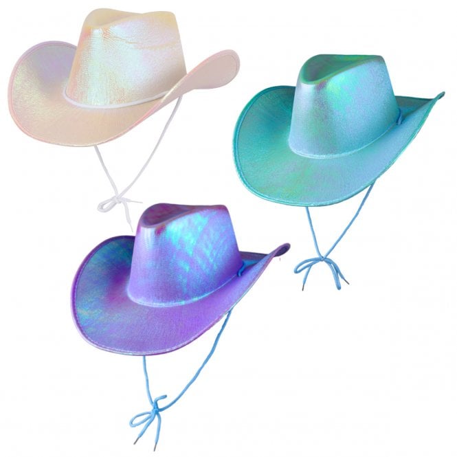 1 x WHITE + 1 AQUA + 1 LAVENDER IRIDESCENT Texan Cowgirl Hats