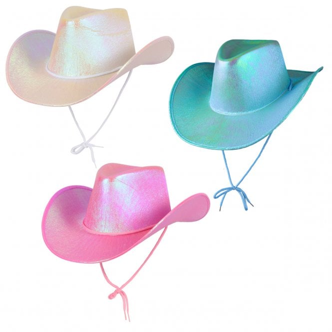 1 x WHITE + 1 AQUA + 1 PINK IRIDESCENT Texan Cowgirl Hats