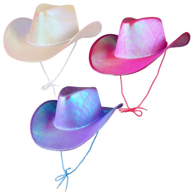 1 x WHITE + 1 HOT PINK + 1 LAVENDER IRIDESCENT Texan Cowgirl Hats