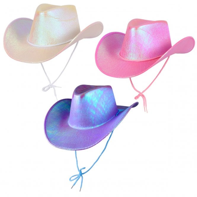 1 x WHITE + 1 PINK + 1 LAVENDER IRIDESCENT Texan Cowgirl Hats