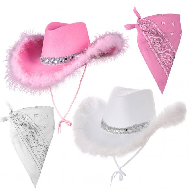 1 x WHITE + 1 x PINK Marabou Feather Texan Cowgirl Hats + 1 x WHITE Bandana + 1 x PINK Bandana