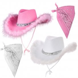 1 x WHITE + 1 x PINK Marabou Feather Texan Cowgirl Hats + 1 x WHITE Bandana + 1 x PINK Bandana
