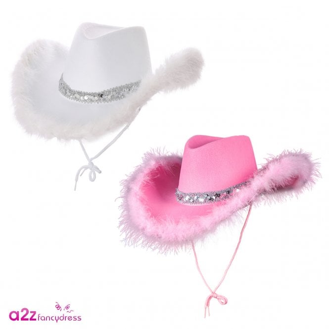 1 x WHITE + 1 x PINK Marabou & Sequin Texan Cowgirl Hats **IMPERFECTS**