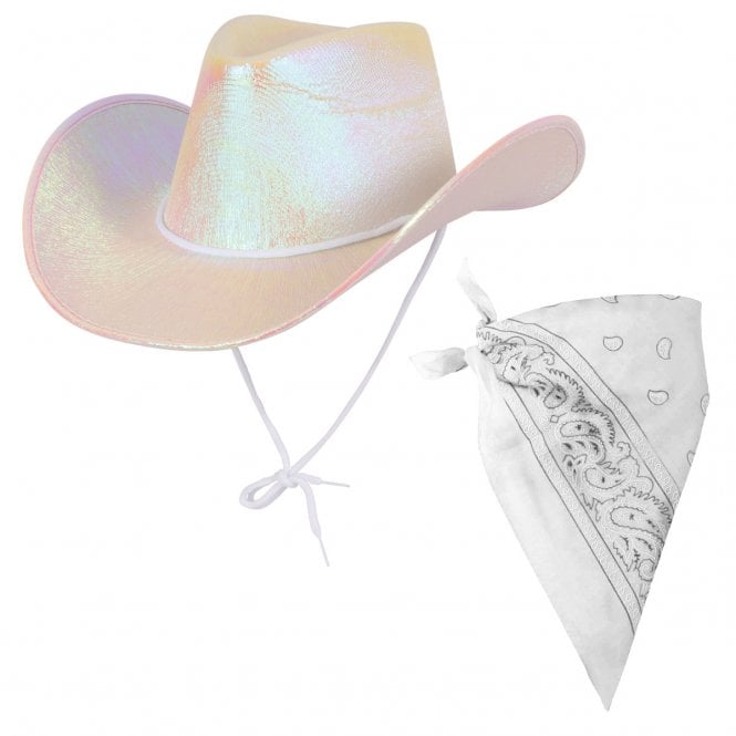 1 x WHITE Iridescent Texan Cowgirl Hat + WHITE Bandana