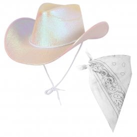1 x WHITE Iridescent Texan Cowgirl Hat + WHITE Bandana