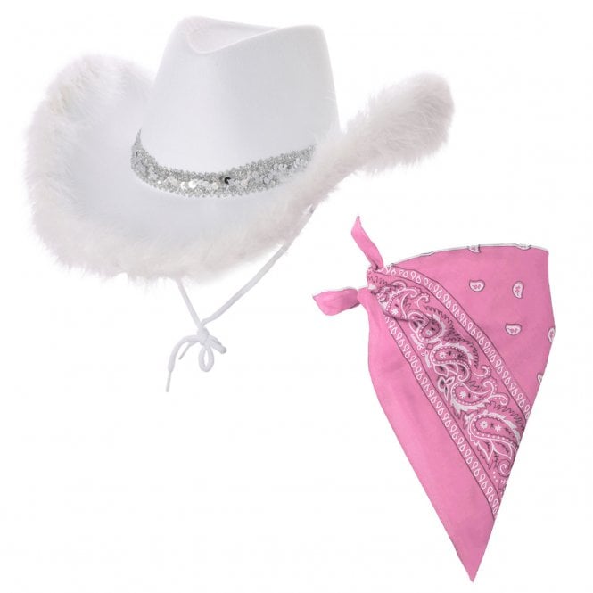 1 x WHITE Marabou Feather Texan Cowgirl Hat + 1 x PINK Bandana
