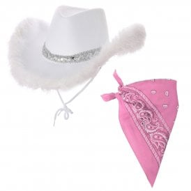 1 x WHITE Marabou Feather Texan Cowgirl Hat + 1 x PINK Bandana