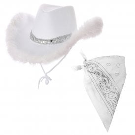 1 x WHITE Marabou Feather Texan Cowgirl Hat + 1 x WHITE Bandana