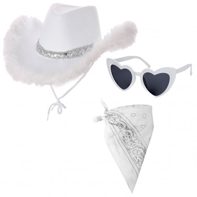 1 x WHITE Marabou Feather Texan Cowgirl Hat + WHITE Bandana + WHITE Retro Heart Shaped Sunglasses