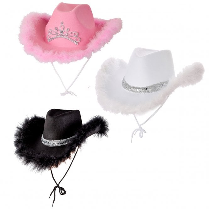 1 x WHITE Maribou + 1 x BLACK Marabou + 1 x PINK TIARA Texan Cowgirl Hats