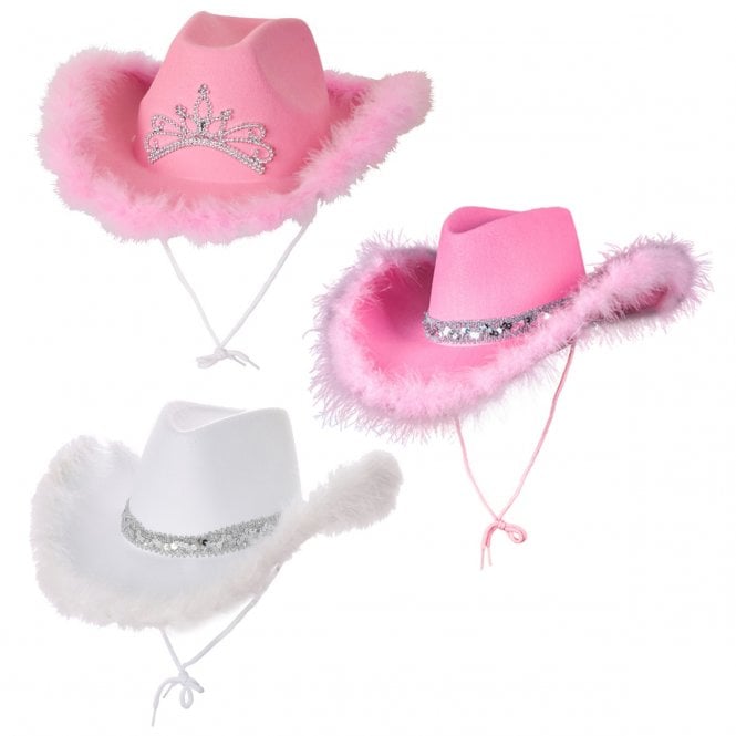 1 x WHITE Maribou + 1 x PINK Marabou + 1 x PINK TIARA Texan Cowgirl Hats