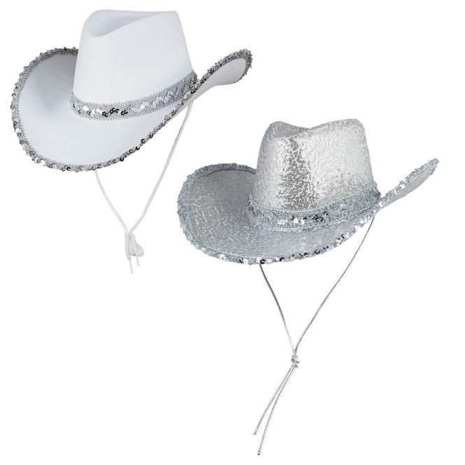 1 x WHITE Texan Cowgirl Hat With Sequins + 1 x SILVER Texan Cowgirl Hat With Sequins