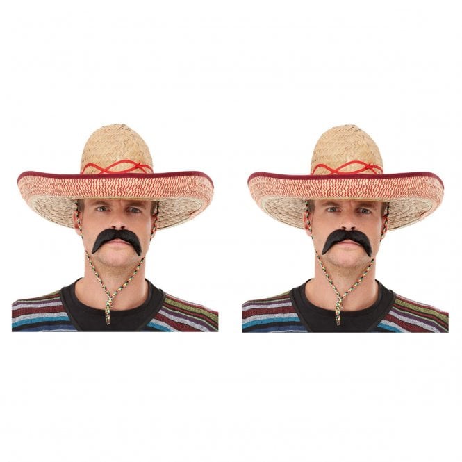 2 x Adult Mexican Sombrero + 2 x Bandit Tash (4-Piece)