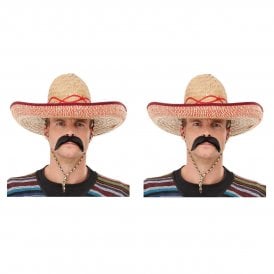 2 x Adult Mexican Sombrero + 2 x Bandit Tash (4-Piece)