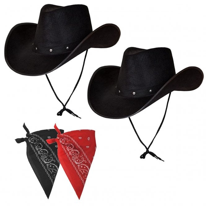 2 x BLACK Texan Cowboy Hats + 2 x BANDANAS (1 x BLACK + 1 x RED)