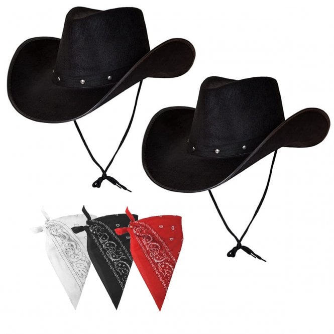 2 x BLACK Texan Cowboy Hats + 3 x BANDANAS (1 x Black + 1 x Red + 1 x White)