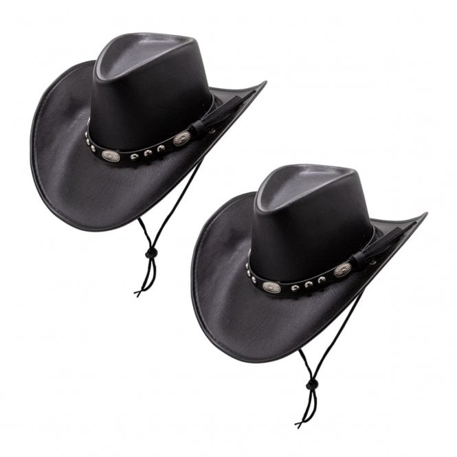 2 x BLACK Texan Cowboy Hats - Deluxe Faux Leather