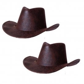 2 x Texan Cowboy Hats - Aged Faux Leather (Brown)